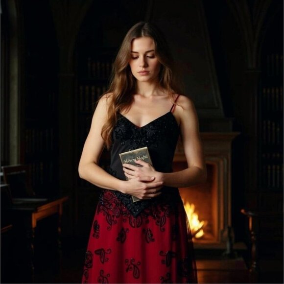 Nasty Gal ✦ Gothic Maxi Dress ✦ Red/Black Lace w/ Sheer Overlay & Beading XS NWT - Picture 5 of 11